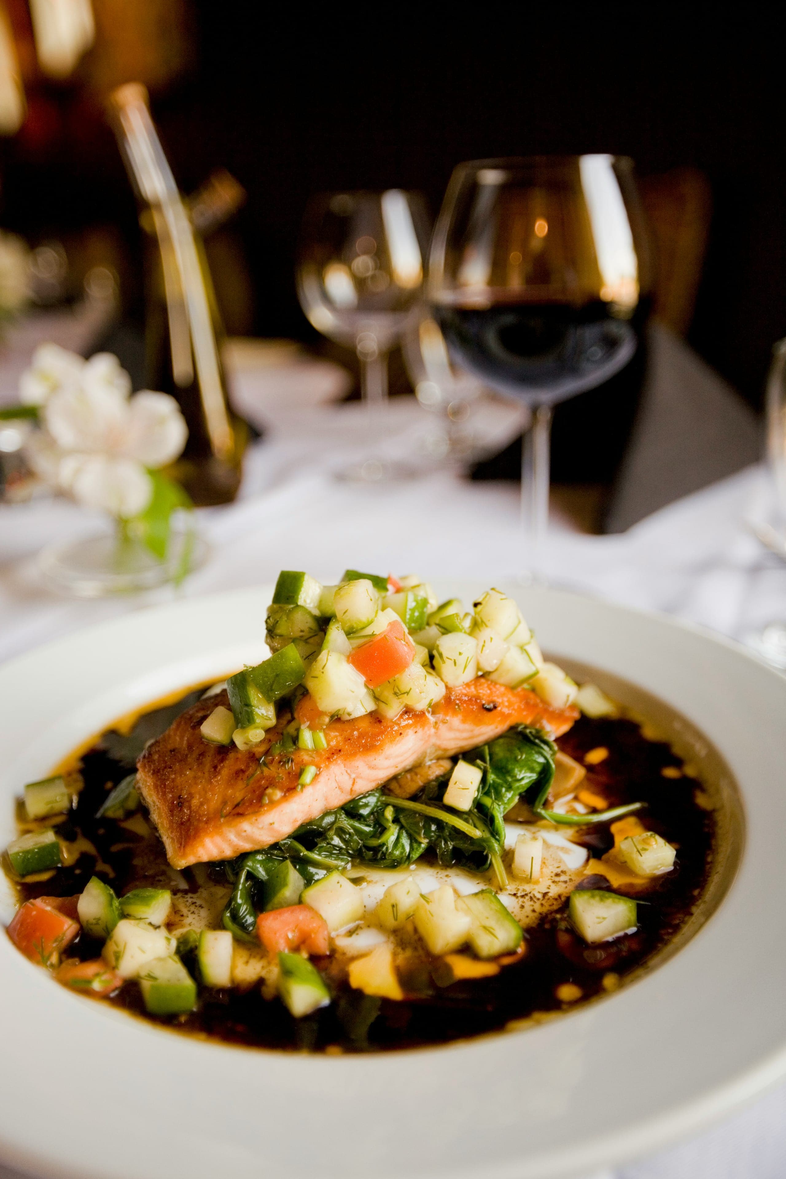 A carefully presented dish in an intimate dining setting